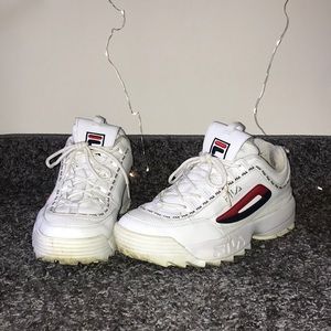 White Chunky Fila Disruptor Sneakers Black and Red Logo